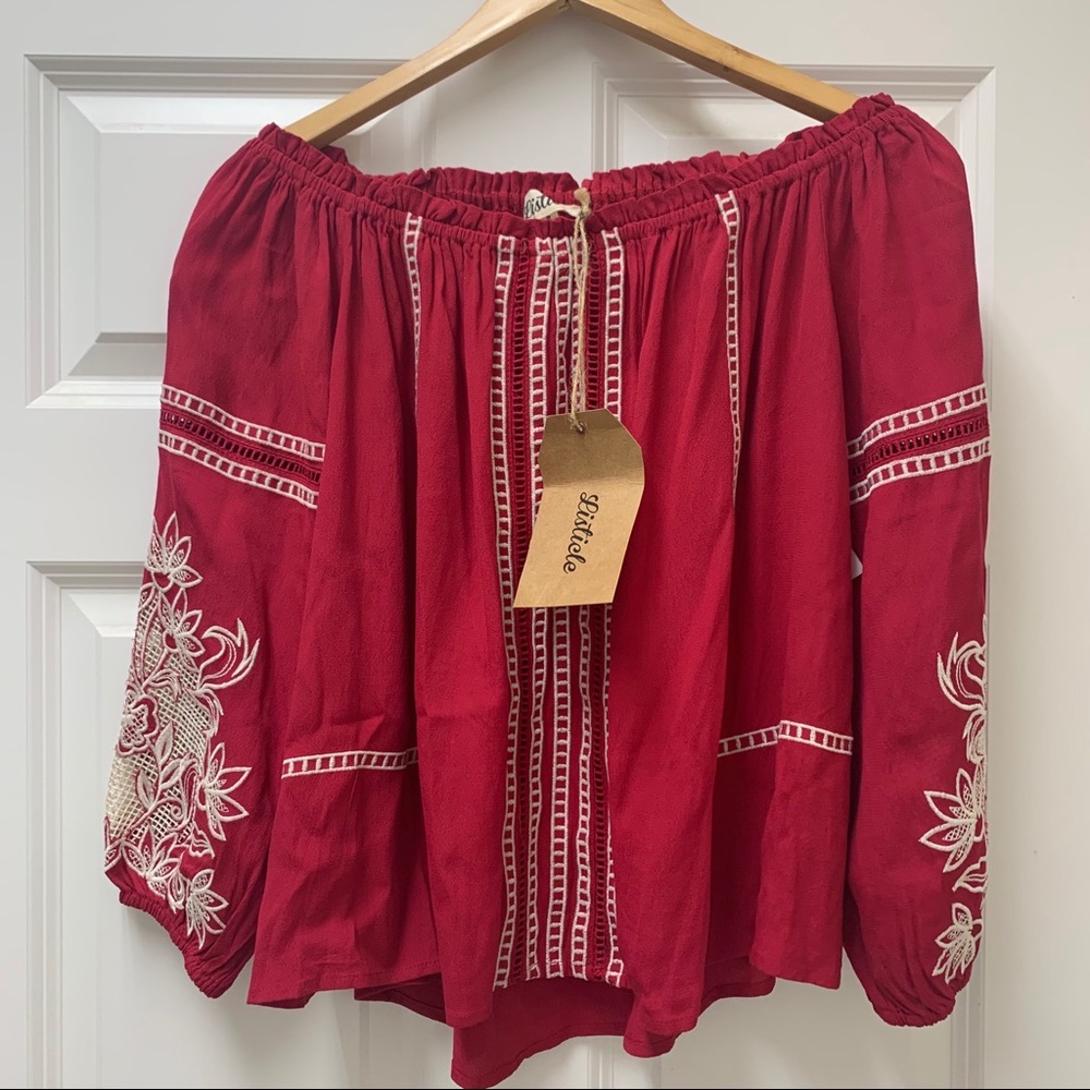 Listicle Embroidery Off Shoulder Red Top.
